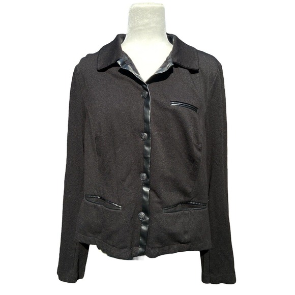 CAbi Tudor Black Blazer Jacket Faux Leather Trim Style 3376 Size Large Women's